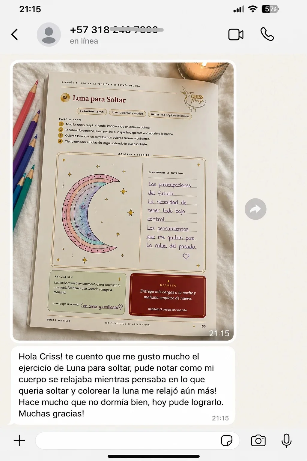 Testimonio de WhatsApp: clienta le encantó el ejercicio Luna para Soltar y pudo dormir bien