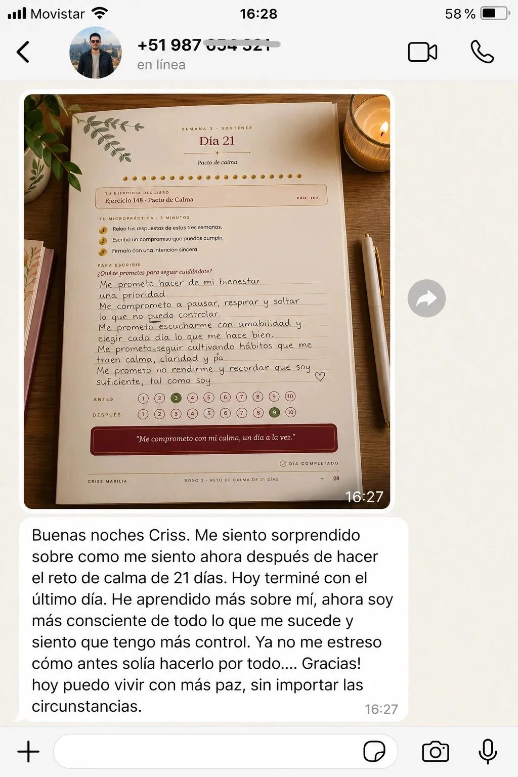 Testimonio de WhatsApp: cliente completó el Reto de Calma de 21 días y hoy vive con más paz