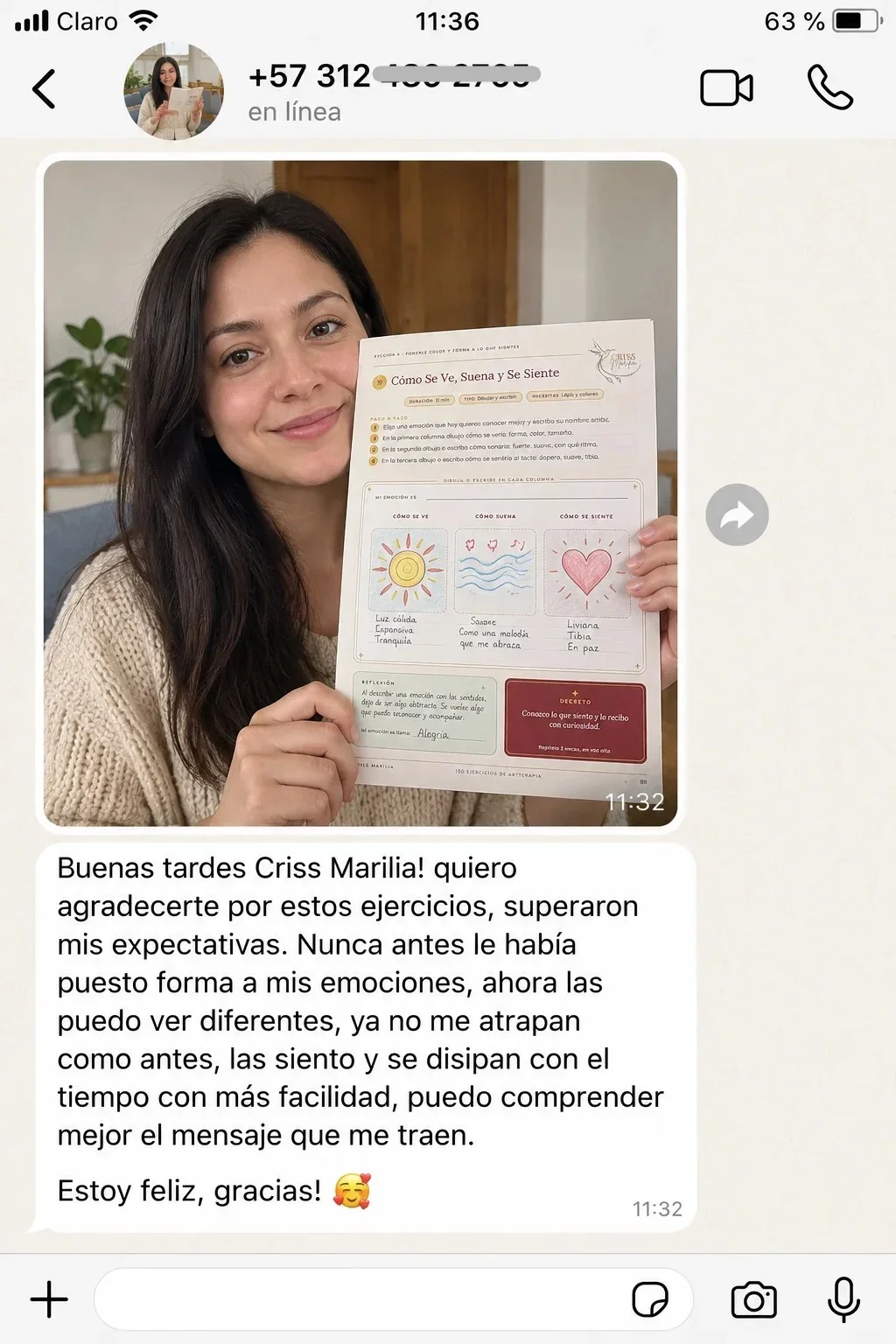 Testimonio de WhatsApp: clienta muestra su ejercicio y agradece porque ahora puede ver sus emociones